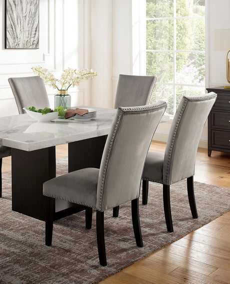 Gorgeous Marble Top Table w 6x Side Chairs Light Gray Flannelette Upholstered Chair Dining Room 7pc Set Wooden Furniture - sold by Home Elegance USA