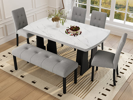 6 Piece Modern Dining Table Set, 63' Faux Marble Dining Table with Geometric Legs & 4 Upholstered Chairs & 1 Bench, Suitable for Dining Kitchen Room,Easy to Assemble, White+Gray - sold by Home Elegance USA
