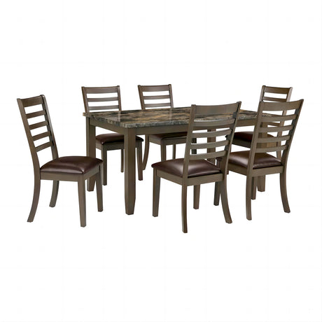 Simple Classic Brown 7pc Dining Set Faux Marble Top Dining Table 6xSide Chairs Leatherette Seats Dining Room Furniture - sold by Home Elegance USA
