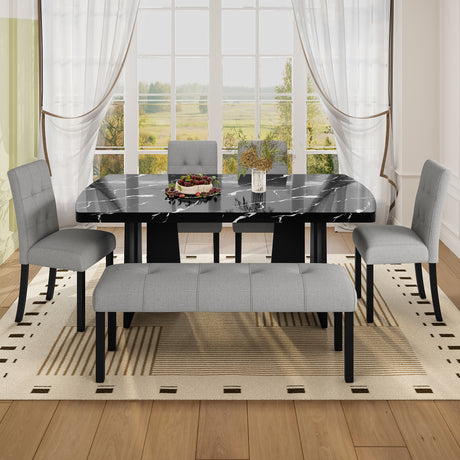 6 Piece Modern Dining Table Set, 63' Faux Marble Dining Table with Geometric Legs & 4 Upholstered Chairs & 1 Bench, Suitable for Dining Kitchen Room,Easy to Assemble, Black + Gray - sold by Home Elegance USA