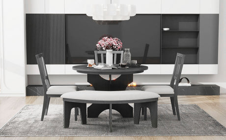 TREXM 5-piece Rustic Charm Round Dining Set with 3 Upholstered Chairs and Curved Bench for Dining Room, Kitchen and Living Room (Gray) - sold by Home Elegance USA