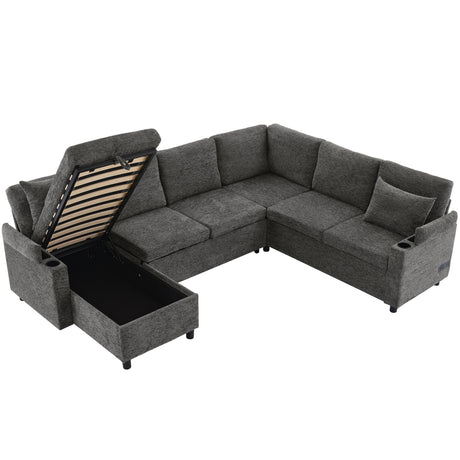 Versatile U-Shaped Sectional Sofa Bed with Storage, Cup Holders, Charging Ports in Grey Chenille - sold by Home Elegance USA