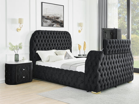 Luxurious King Size 3pc Bed Set Comfort Innovative Design Bed Deeply Tufted Headboard Upholstered Black Velvet Television Lift Built-in Electric Fireplace Bedroom Furniture 1x Bed 2x Nightstands - sold by Home Elegance USA