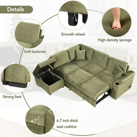 Green Velvet Sleeper Sofa Bed with Storage Ottoman, L Shape Pull Out Couch for Living Room and Bedroom - sold by Home Elegance USA