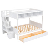 Twin over Full Bunk Bed with Shelfs, Storage Staircase and 2 Drawers, White - Home Elegance USA