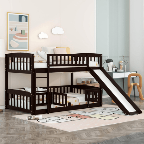 Bunk Bed with Slide,Twin Over Twin Low Bunk Bed with Fence and Ladder for Toddler Kids Teens Espresso - LT000082AAP - Home Elegance USA - 1