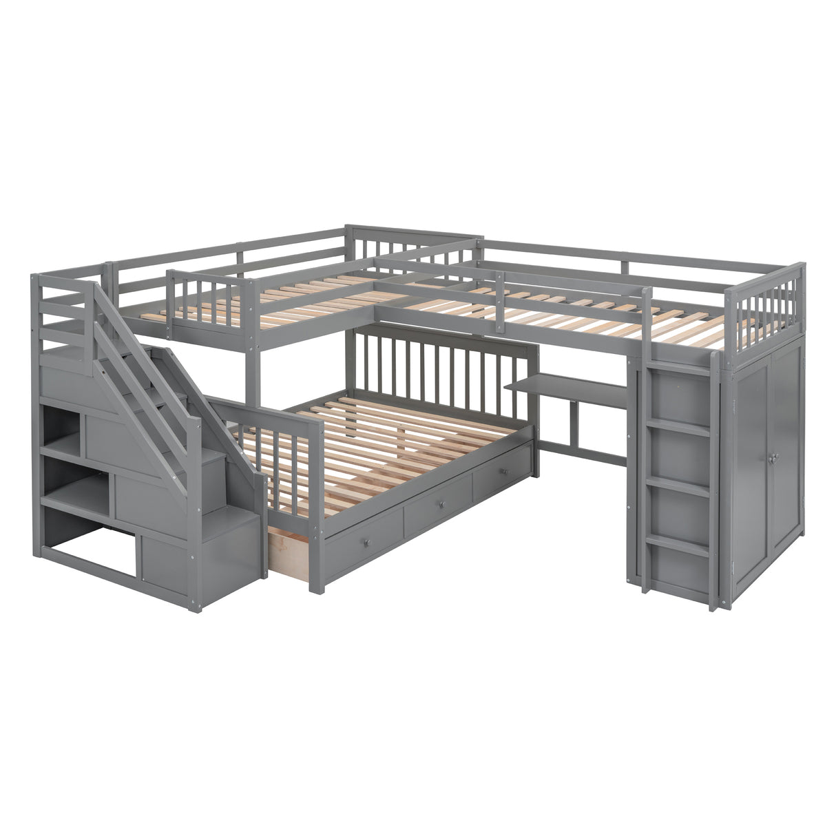 Twin-Twin over Full L-Shaped Bunk Bed With 3 Drawers, Portable Desk and Wardrobe, Gray(OLD SKU:LT100542AAE) - sold by Home Elegance USA