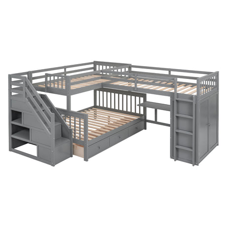Twin-Twin over Full L-Shaped Bunk Bed With 3 Drawers, Portable Desk and Wardrobe, Gray(OLD SKU:LT100542AAE) - sold by Home Elegance USA