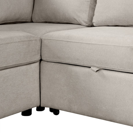 Beige Chenille U-Shaped Sectional Sofa with Pull-out Bed, USB Ports, Storage Chaise & Back Pillows - sold by Home Elegance USA