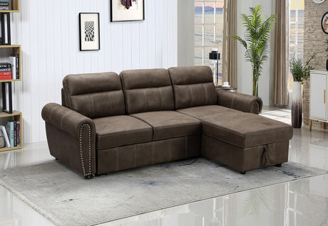 Ashton Saddle Brown Microfiber Reversible Sleeper Sectional Sofa Chaise | Home Elegance USA