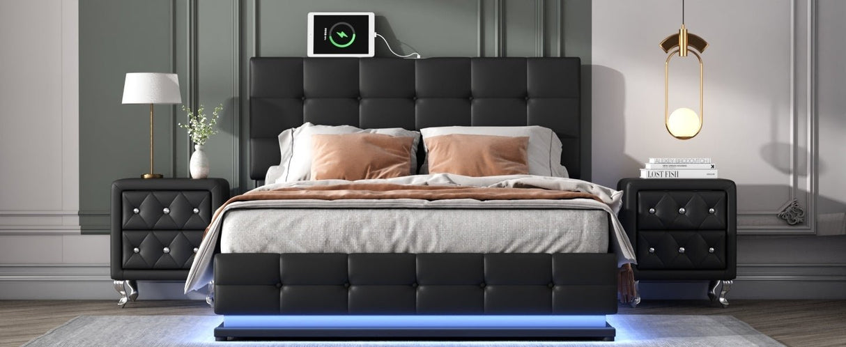 3 - Pieces Bedroom Sets,Queen Size Upholstered Bed with LED Lights,Hydraulic Storage System and USB Charging Station, Two Nightstands with Crystal Decoration,Black | Home Elegance USA