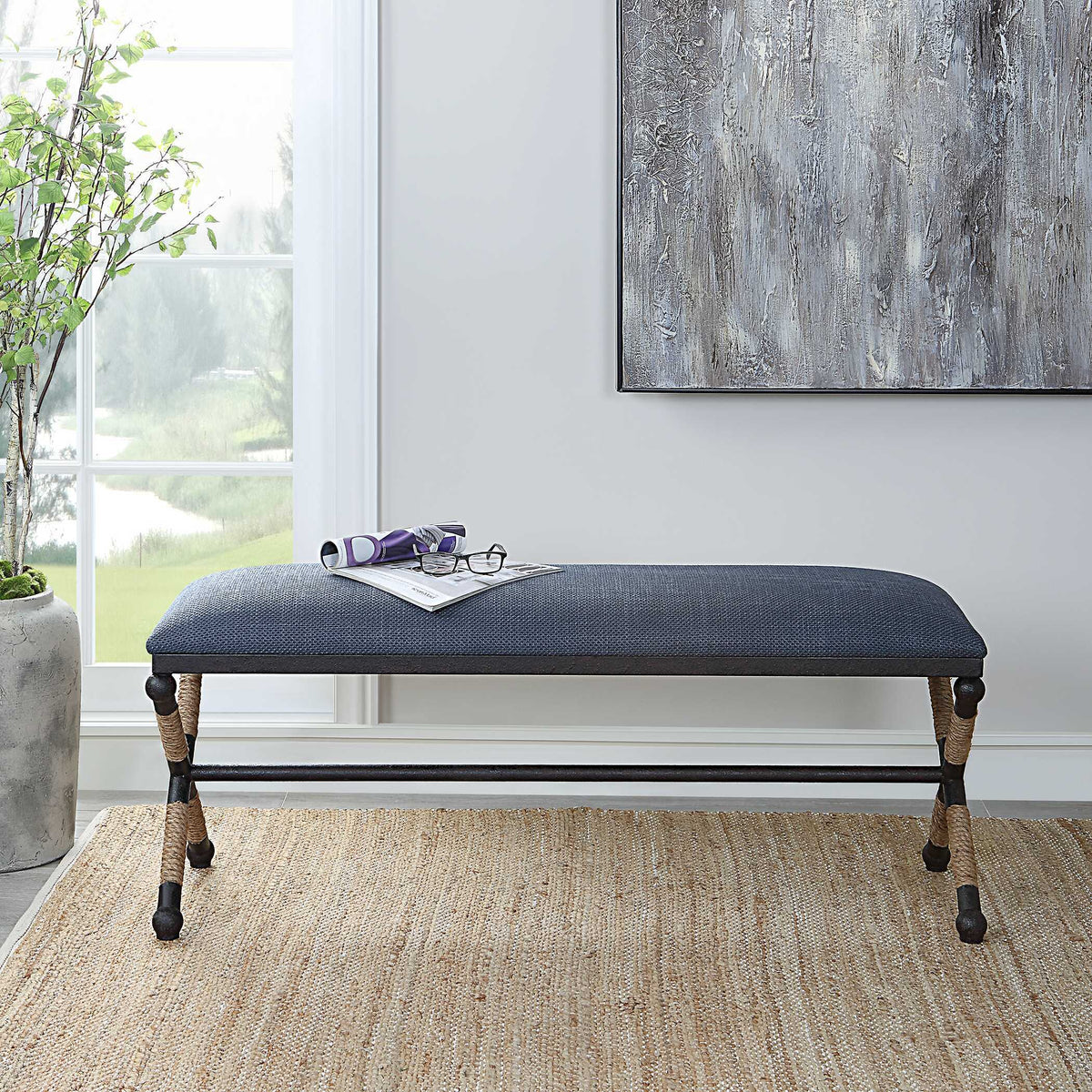 Firth Rustic Bench Navy - Blue / Light Brown by Uttermost - View 3