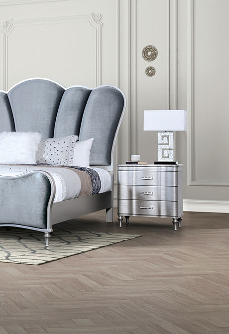 Lovely Attracting Bedroom 3pc Set Queen Size Bed 2x Nightstands Light Gray Fabric Padded HB Wood Leg Silver Color - sold by Home Elegance USA