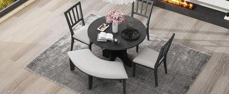 TREXM 5-piece Rustic Charm Round Dining Set with 3 Upholstered Chairs and Curved Bench for Dining Room, Kitchen and Living Room (Gray) - sold by Home Elegance USA