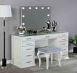 Glam Style 1pc Vanity w/ Padded Stool Set 8mm Glass Top Storage Drawers LED On Mirror Luminous White Finish Bedroom Furniture