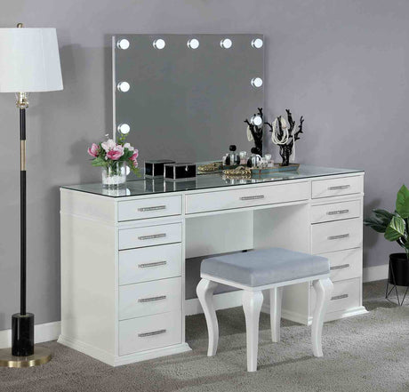 Glam Style 1pc Vanity w/ Padded Stool Set 8mm Glass Top Storage Drawers LED On Mirror Luminous White Finish Bedroom Furniture