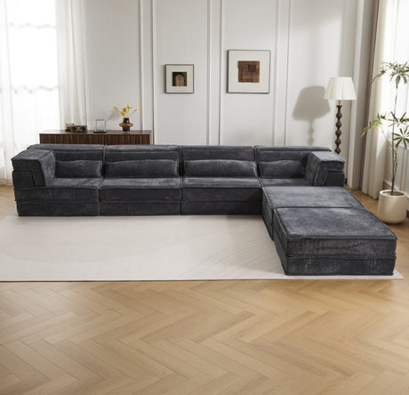 Compression Mahjong Sofa,Convertible Floor Sofa Bed,DIY Boneless Modular Sectional Sofa,No Assembly Required,Circle fleece fabric,Oversized 4 Seater with 2 Ottoman,Dark-grey - sold by Home Elegance USA