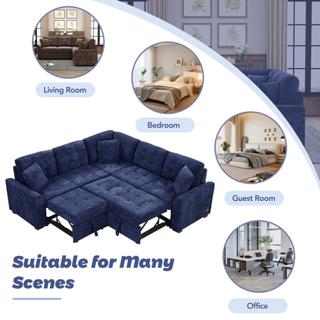 Navy Blue L-shape Sofa Bed with Pull-out Sleeper, USB Ports, Power Sockets, Corded Velveteen, 82.6' - sold by Home Elegance USA