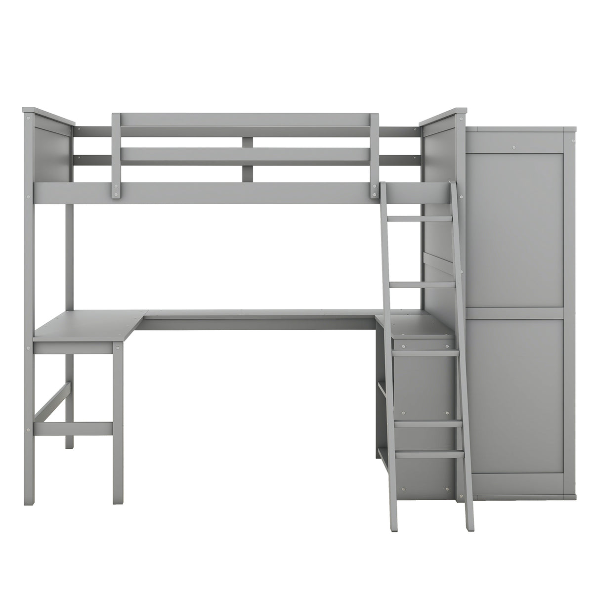 Full size Loft Bed with Desk, Shelves and Wardrobe-Gray - Home Elegance USA