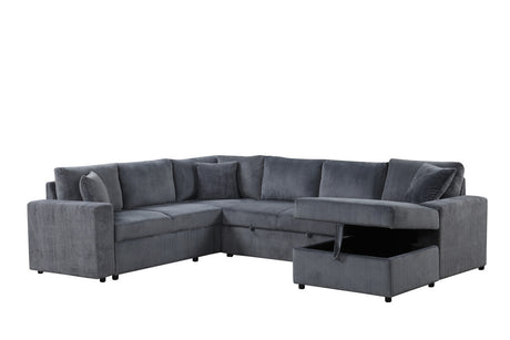 Rinaldo 123'W Gray Corduroy Sleeper Sectional Sofa with Right-Facing Storage Chaise and Throw Pillows - sold by Home Elegance USA