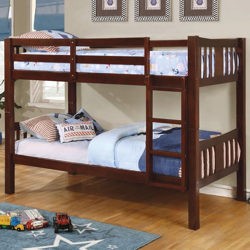 Twin Over Twin Transitional Style Bunk Bed Dark Walnut Finish Attached Ladder Rails And Lock Joint Structure Trundle-Included Espresso Finish - sold by Home Elegance USA