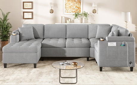 Modern U-shaped Sectional Sofa 115.7' Corner Living Room Couch with Built-in Cup Holders, Storage, USB Ports in Light Grey Chenille Fabric - sold by Home Elegance USA