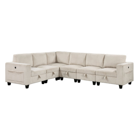 6-Piece Modular Sectional with Storage Seats, Side Pockets, Charging Ports Beige Corduroy Fabric Modern Living Room Sectional Couch Solid Wood Furniture - sold by Home Elegance USA