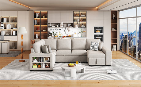 Beige Chenille U-Shaped Sectional Sofa with Pull-out Bed, USB Ports, Storage Chaise & Back Pillows - sold by Home Elegance USA