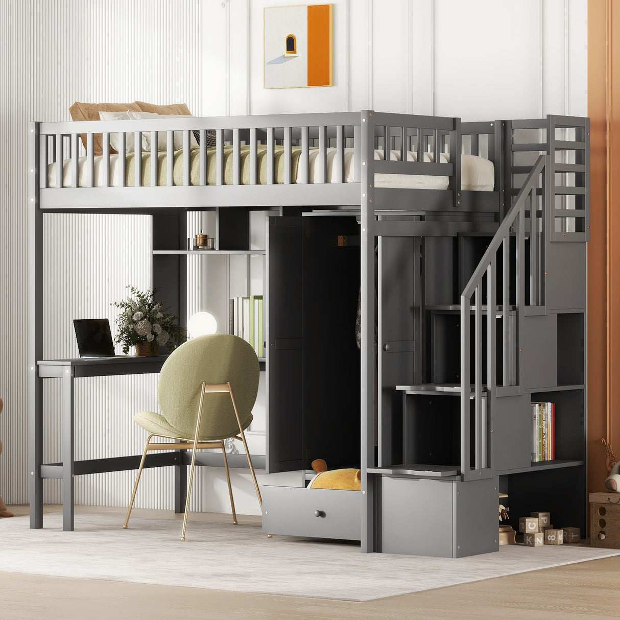 Twin size Loft Bed with Bookshelf,Drawers,Desk,and Wardrobe-Gray - Home Elegance USA