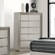 1pc Chest 5-Drawers Plinth Base Silver Molding Glass Shelf Felt Lined Drawers Gray Finish Glam Style Bedroom Furniture