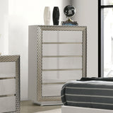 1pc Chest 5-Drawers Plinth Base Silver Molding Glass Shelf Felt Lined Drawers Gray Finish Glam Style Bedroom Furniture
