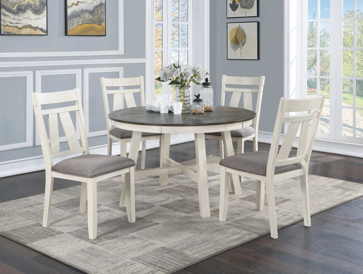 Dining Room Furniture 5pc Dining Set Round Table And 4x Side Chairs Gray Fabric Cushion Seat White Clean Lines Wooden Table Top | Home Elegance USA