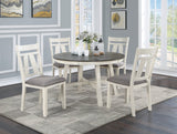 Dining Room Furniture 5pc Dining Set Round Table And 4x Side Chairs Gray Fabric Cushion Seat White Clean Lines Wooden Table Top | Home Elegance USA