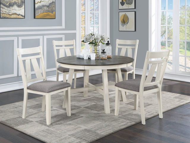 Dining Room Furniture 5pc Dining Set Round Table And 4x Side Chairs Gray Fabric Cushion Seat White Clean Lines Wooden Table Top | Home Elegance USA