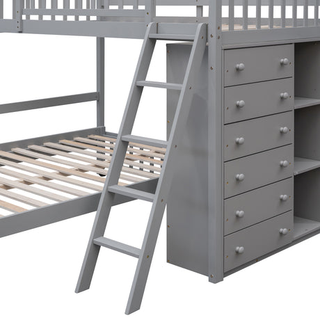 Wooden Twin Over Full Bunk Bed With Six Drawers And Flexible Shelves,Bottom Bed With Wheels,Gray(OLD SKU:LP000531AAE) - sold by Home Elegance USA