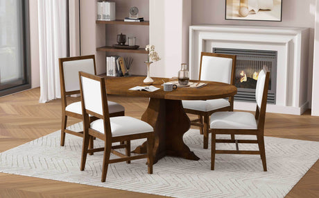 TREXM Farmhouse 5-Piece Dining Table Set with 4 Upholstered Chairs, Wood Extendable Dining Table with 15.7' Leaf for Extra Seating for Dining Room, Kitchen and Living Room (Brown) - sold by Home Elegance USA