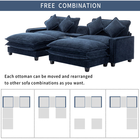 Contemporary Chenille Upholstered Sectional Sofa with Ottomans, USB Ports, Cup Holders & Storage, Blue - sold by Home Elegance USA