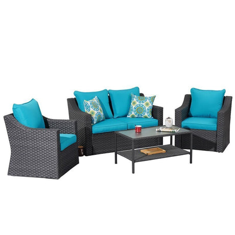7 Piece PE Wicker Patio Conversation Sets with Blue Cushions
