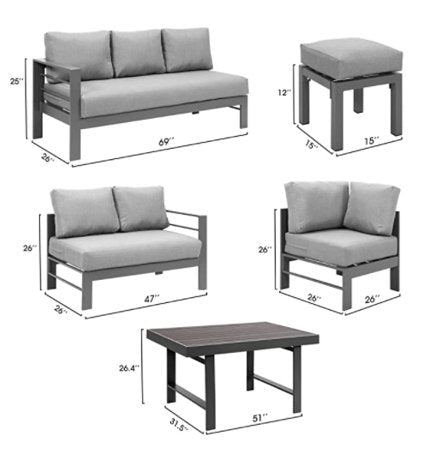 6 - Pieces Outdoor Dining Set, Grey Aluminum Frame with Dark Grey Cushions | Home Elegance USA