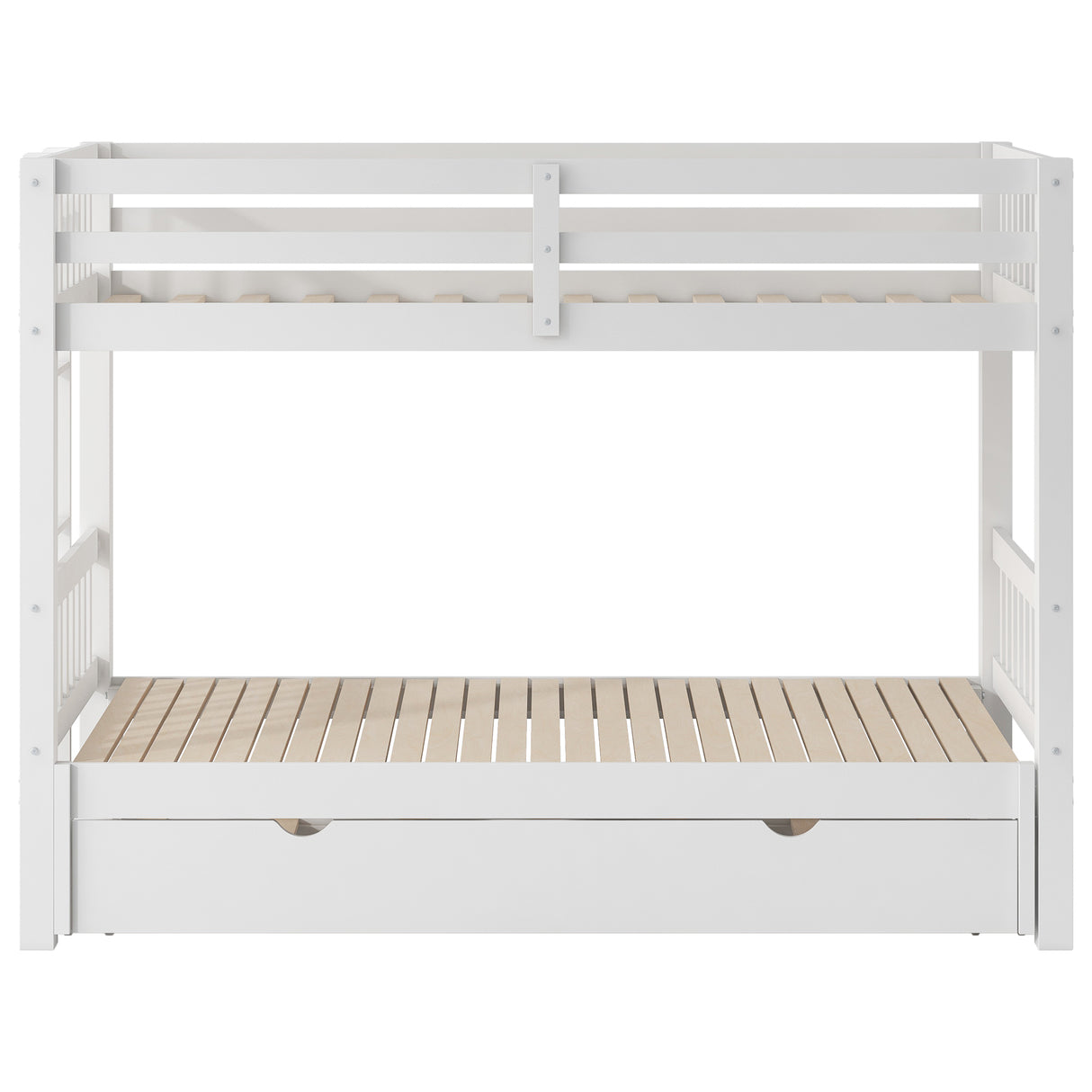 White Twin Over Pull-out Bunk Bed with Trundle, Pine Wood and MDF, 78.9''L x 116''W x 59.6''H