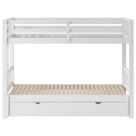 White Twin Over Pull-out Bunk Bed with Trundle, Pine Wood and MDF, 78.9''L x 116''W x 59.6''H