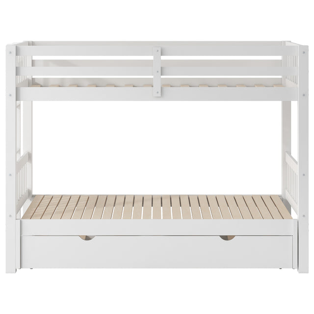 White Twin Over Pull-out Bunk Bed with Trundle, Pine Wood and MDF, 78.9''L x 116''W x 59.6''H