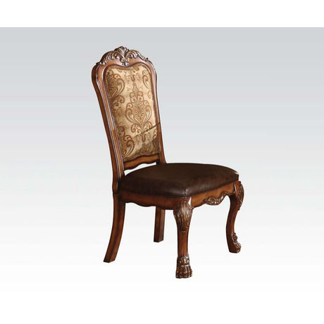 Acme - Dresden Side Chair (Set-2) 60012 Vintage Synthetic Leather Seat & Floral Fabric Back & Cherry Oak Finish