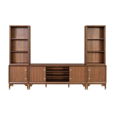 Mid-Century Modern TV Stand Entertainment Center Left Right Pier With Base Adjustable Shelves Gold Caped Legs LED On Pier Walnut Finish - sold by Home Elegance USA