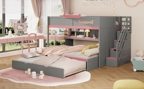 Full Over Full Bunk Bed with Twin Size Trundle and Staircase, Shelves, LED,Gray - sold by Home Elegance USA
