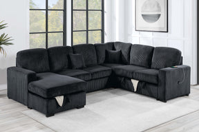 Modern Design 4pc Convertible Sectional Storage Compartment Matching Pillow Pull Out Bed USB Port Corduroy Upholstered Black Finish Primary Living Room
