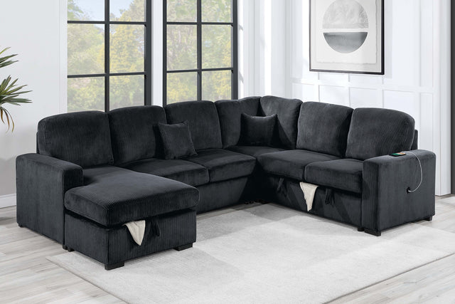 Modern Design 4pc Convertible Sectional Storage Compartment Matching Pillow Pull Out Bed USB Port Corduroy Upholstered Black Finish Primary Living Room