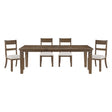 Dining table set with four chairs on a white background