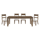 Dining table set with four chairs on a white background