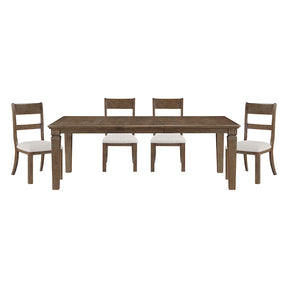 Dining table set with four chairs on a white background